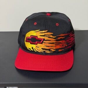 90s Chevy Racing SnapBack Hat Flames/Logo Embroidered Rare Black Red